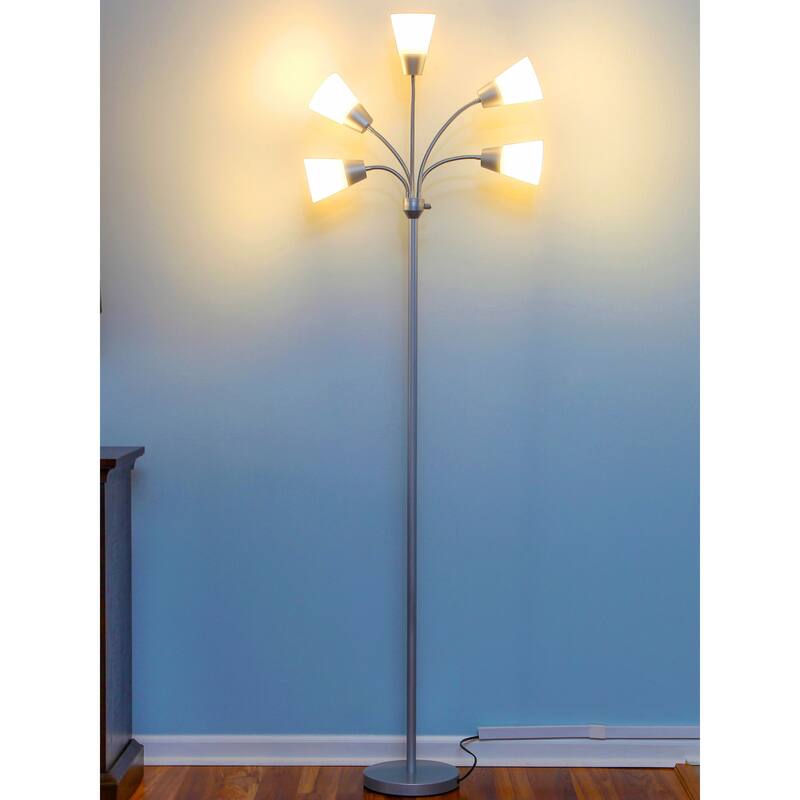 Brightech Medusa Modern 78" Platinum Silver Modern 5-Light Adjustable Gooseneck LED Floor Lamp with 5 Multicolored Cone Shades