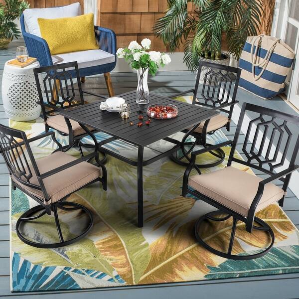 slide 11 of 10, PHI VILLA 5-Pcs Outdoor Dining Set: Steel Swivel Dining Chairs with Cushion and 37" Steel Slat Patio Table 5-Piece Sets