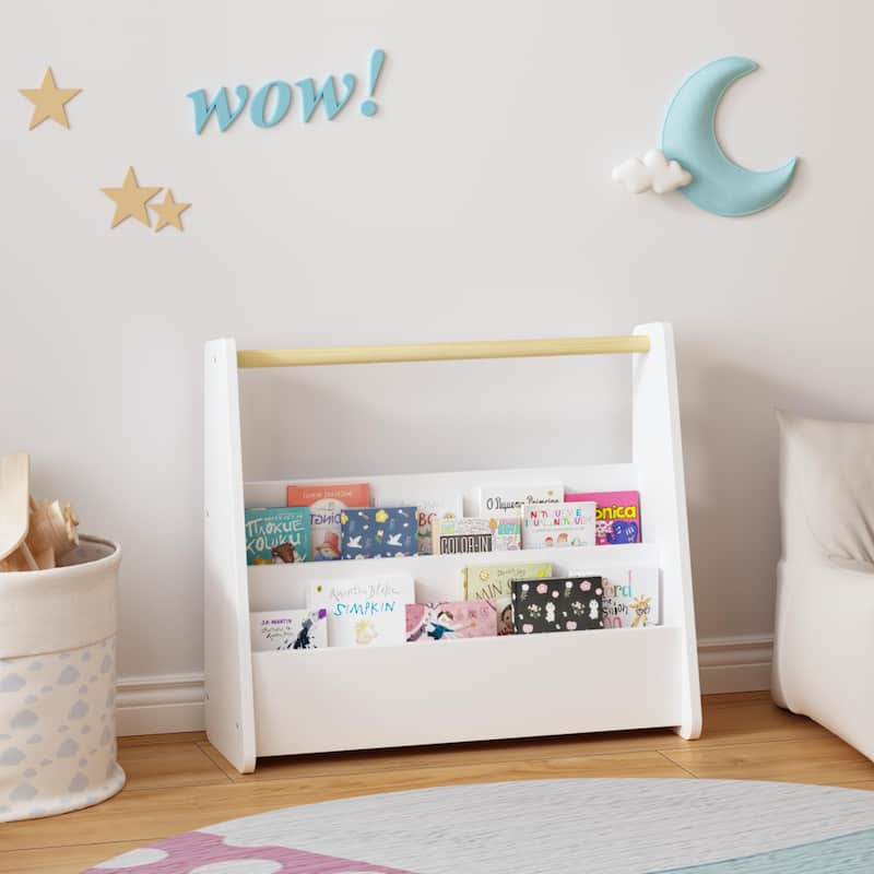 Kids Bookshelf with Wooden Handle, 2-Tier Front-Facing Toddler Bookcase, Portable Children's Book Storage Organizer for Bedroom