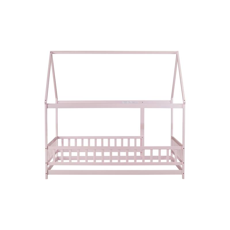 Full Size House Floor Wooden Bed with Roof Frame, Safety Guardrails