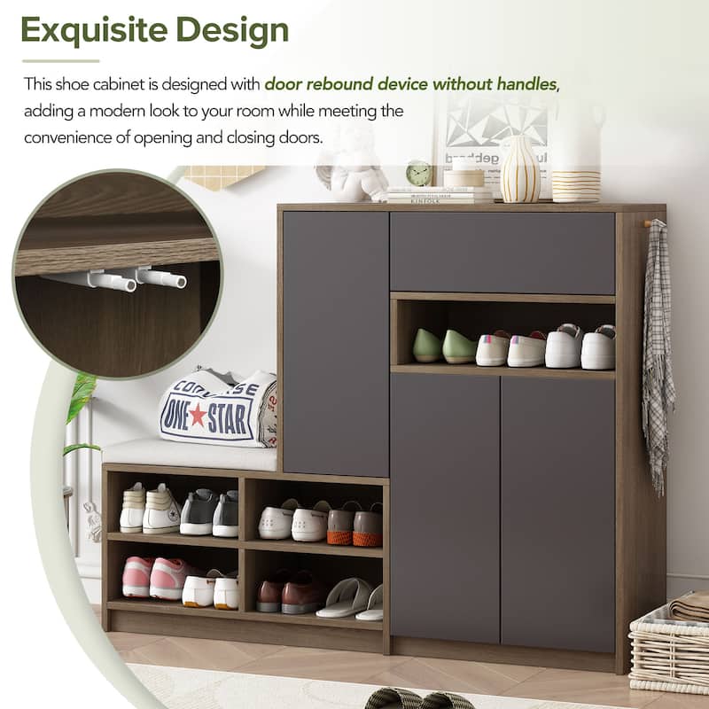 Grey 2-in-1 Shoe Storage Bench & Shoe Cabinets with Padded Seat and Adjustable Shelves - 13.7"W x 55.1"H x 55.1"D