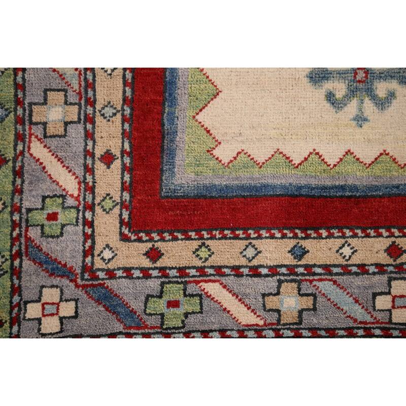 Geometric Beige Kazak Oriental Rug Hand-Knotted Bedroom Wool Carpet - 5'0" x 6'6"