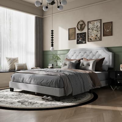 Queen Size Bed Frame with Upholstered Headboard Mattress Foundation