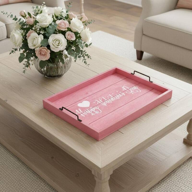 HomeRoots 16" Dark Pink And White Happy Valentines Day Serving Tray With Handles - 15.50 in. x 2.25 in. x 12.00 in. - White/Dark Pink - 15.50 in. x 2.25 in. x 12.00 in.
