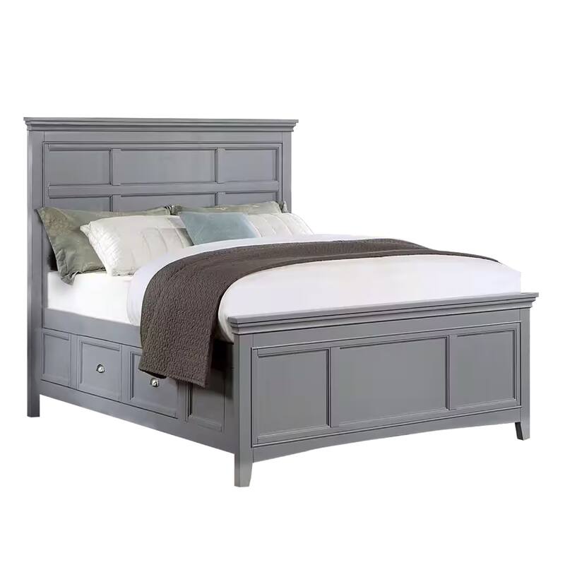 Lile Full Bed with Crown Moulding, Storage Drawers, Gray Solid Wood