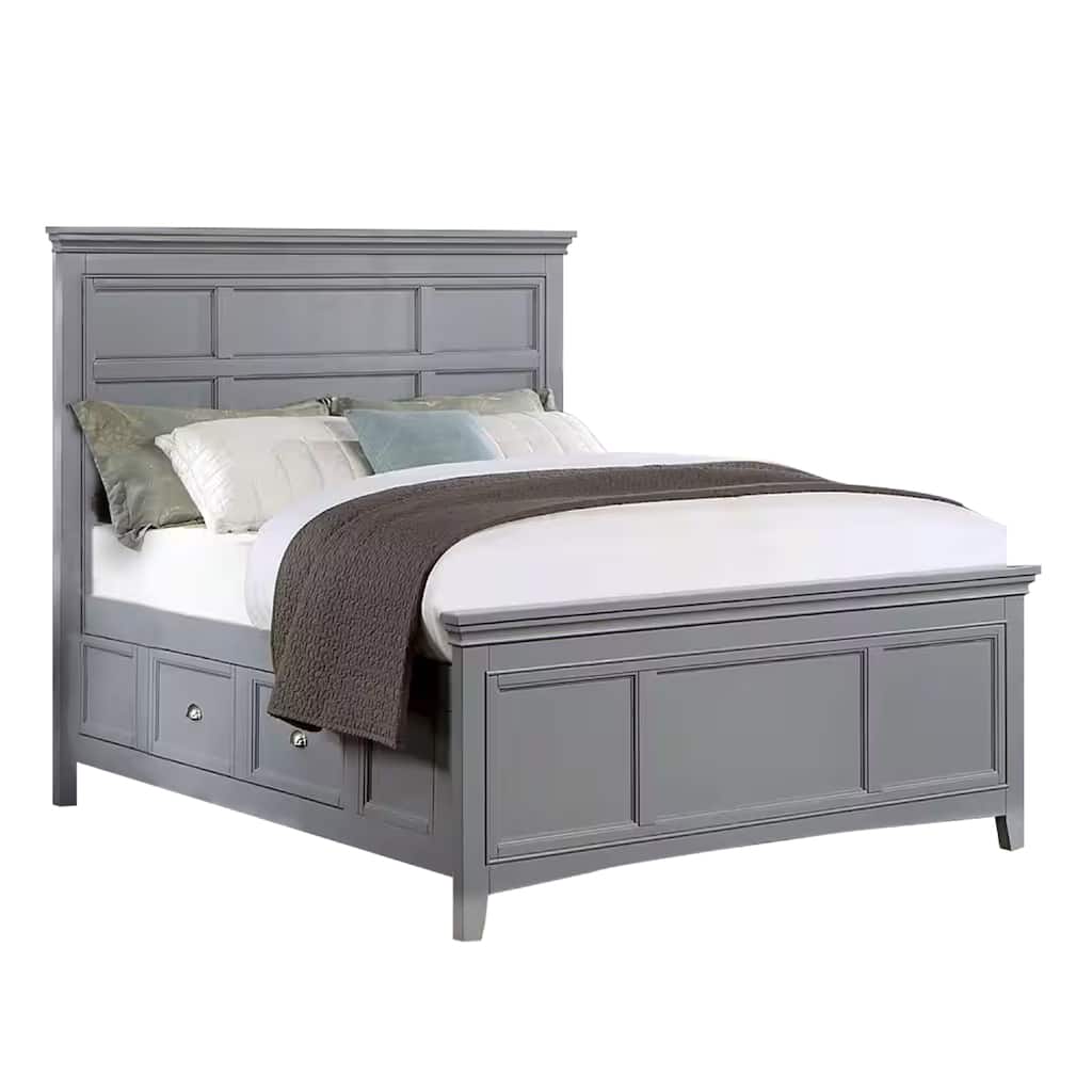 Lile Full Bed with Crown Moulding, Storage Drawers, Gray Solid Wood