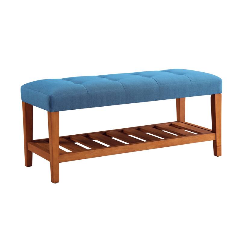 Fabric Upholstered Storage Bench with Slatted Shelf and Tapered Legs