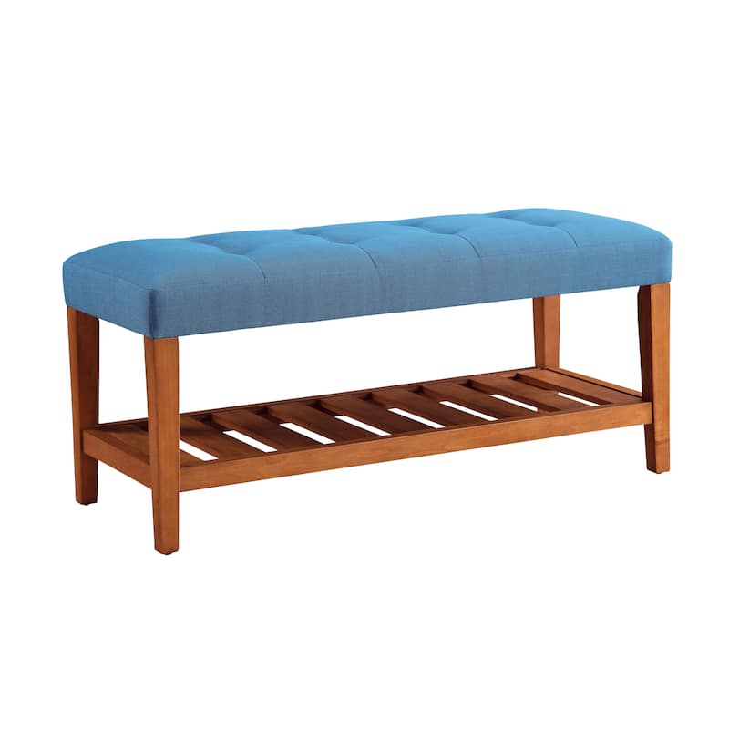 Gray Fabric and Oak Finish Bench - Light Blue
