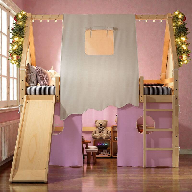 House Loft Bed with Slide & Tent, Solid Wood Kids Bed w/ Ladder, Guardrails, Playhouse Design, No Box Spring Needed - Natural Pink - Full