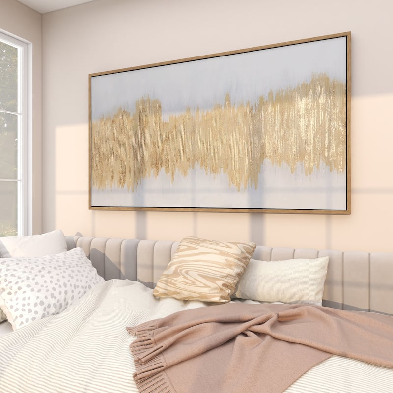 Canvas Abstract Long Horizontal Living Room Framed Wall Art with Glitter Flakes - Gold - CosmoLiving by Cosmopolitan
