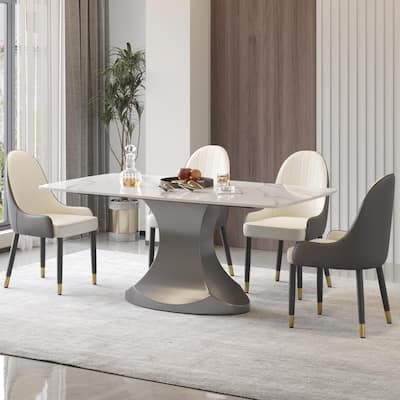 Dining Table for 6~8 Person, Faux Marble Kitchen Dining Table with Grey Pedestal.