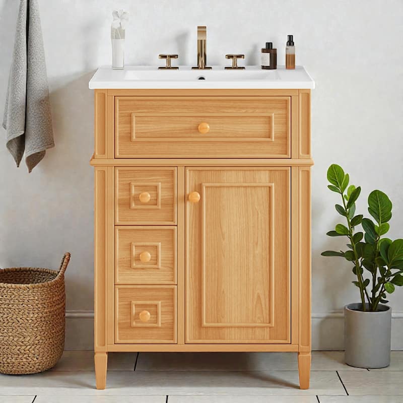 24" Bathroom Vanity with Ceramic Sink, Wood Cabinet with Flip-Out Drawer, Soft-Close Drawers and Door - Wood