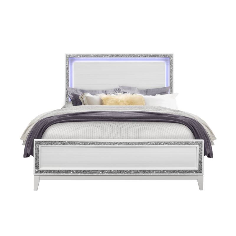 HomeRoots Silver and White Faux Crystal Bling Wood Lighted Full Bed Frame