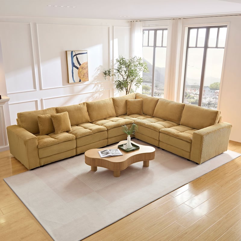 Oversized Sectional Sofa L Shaped Corner Couch Corduroy Upholstery Convertible Sleeper Sofa Couch - 6 Seats-Yellow - Right Facing