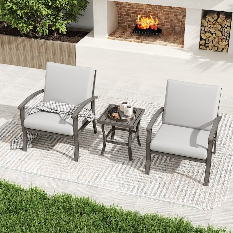 3-Piece Aluminum Patio Bistro Set with End Table, Armchairs and Light Gray Cushions