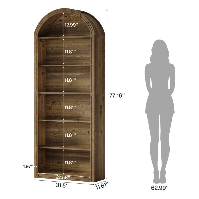 75.98" Tall Arched Bookcase with 6 Storage Shelves - 11.81"D x 31.5"W x 75.98"H