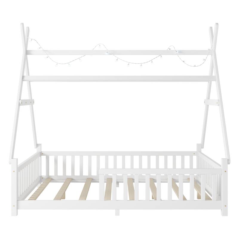 Wooden House Shaped Platform Bed with LED Light and Roof, Low Floor House Bed Frame with Full Length Guardrails