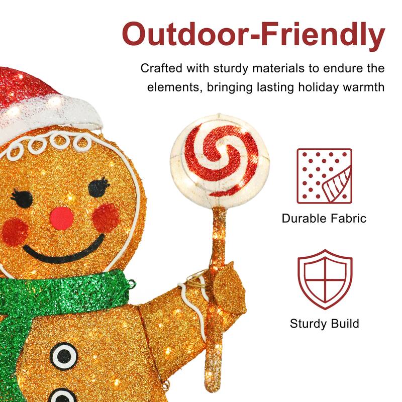 Puleo International 47" Pre-Lit Outdoor Gingerbread Woman Christmas Holiday Decor with 132 Warm White Twinkling LED Lights