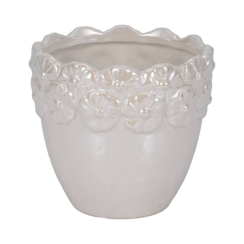 Sagebrook Home 6" Ceramic Iridescent Floral Crown Planter, Ivory