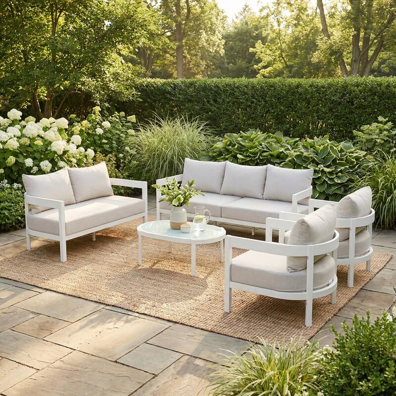 Christopher Knight Home - Modern 5-Piece Outdoor Aluminum Patio Conversation Set with Oval Glass Coffee Table & Cushions - White Frame+Beige Cushion