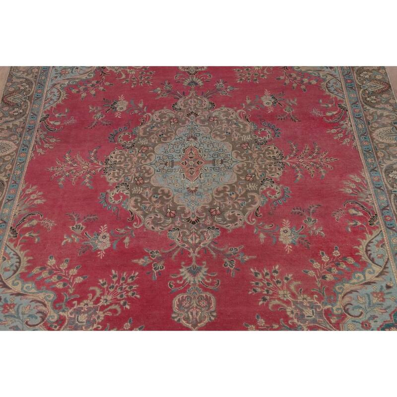 Pink Medallion Tabriz Persian Area Rug Hand-Knotted Wool Carpet - 9'0"x 12'7"