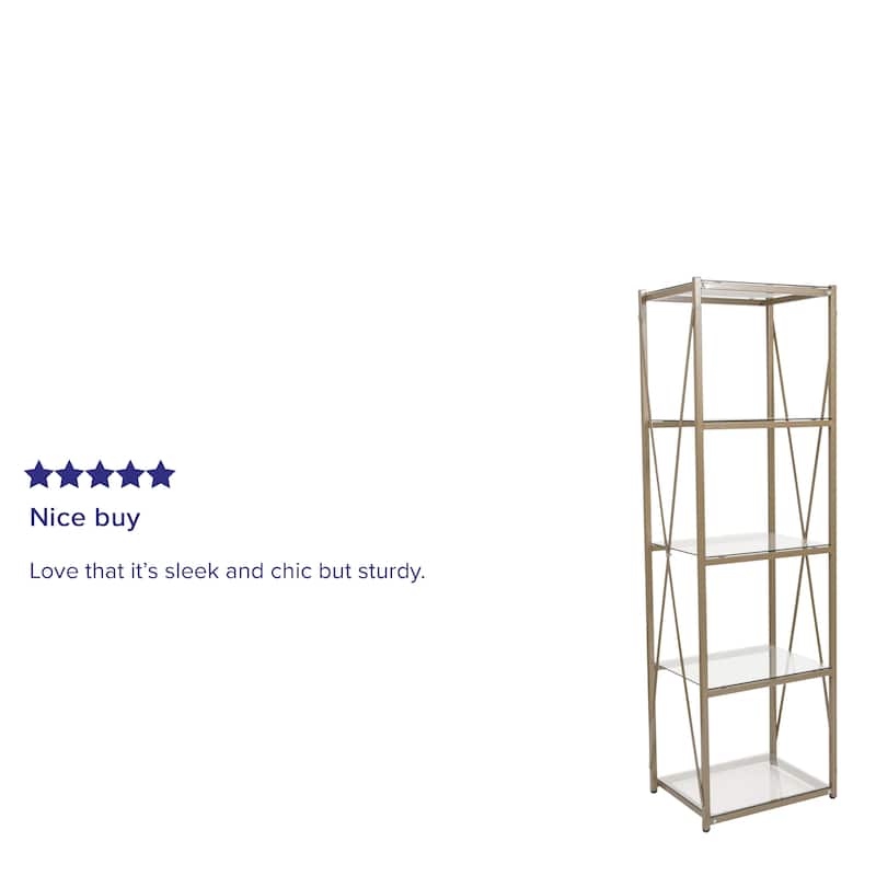 4 Shelf 64"H Cross Brace Glass Bookcase in Matte Gold - Tempered Glass Shelves