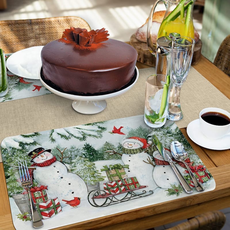 CounterArt Snowman's Farmhouse Reversible Easy Care Flexible Plastic Placemat 4 Pack Made in The USA