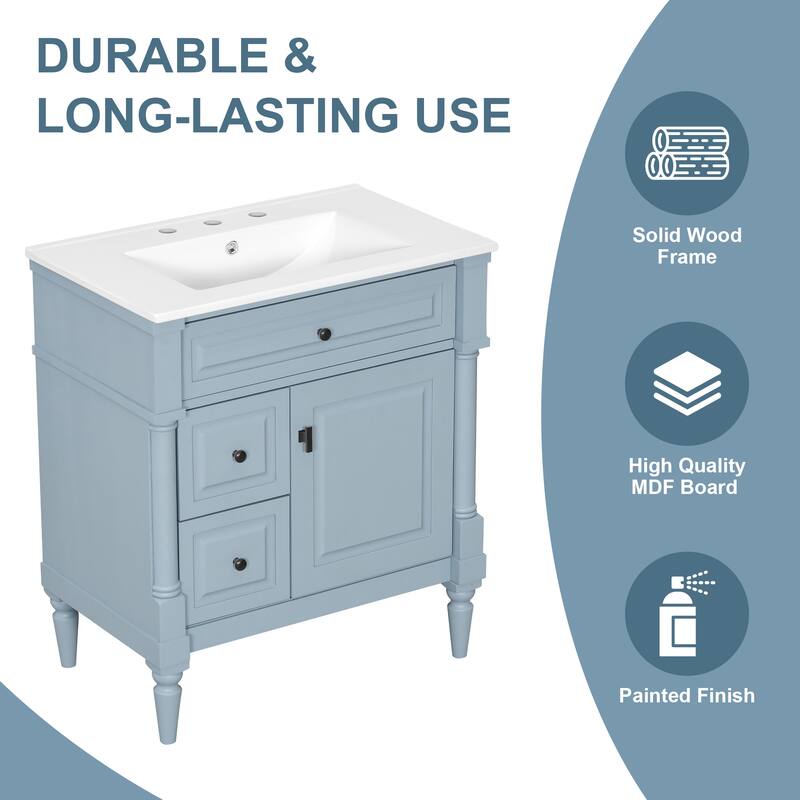 Roomfitters 30" Bathroom Vanity with Sink, Solid Wood Frame, Flip Drawer, 2 Drawers & Door Rack
