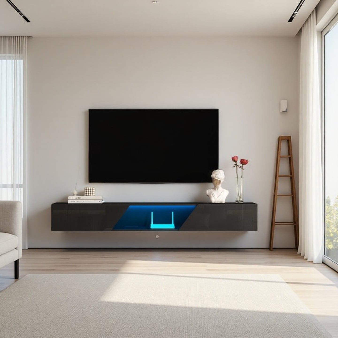 69" Wall-Mounted Floating TV Console with 16-Color LED Lights, Modern Entertainment Center with Glossy Doors & Large Storage