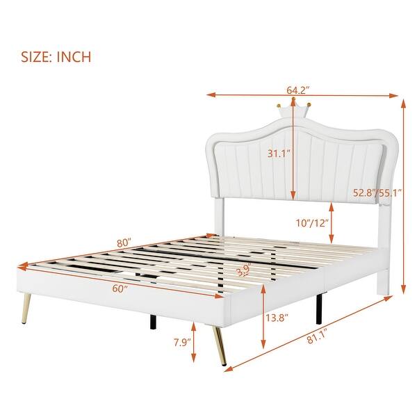 dimension image slide 2 of 4, Remote Control LED Lights Bed Frame, PU Upholstered Princess Bed with Crown Headboard, Wood Slat Platform Bed