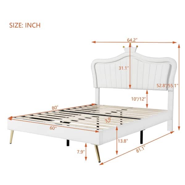 dimension image slide 4 of 6, PU Upholstered Princess Bed with LED Lights and Crown Headboard