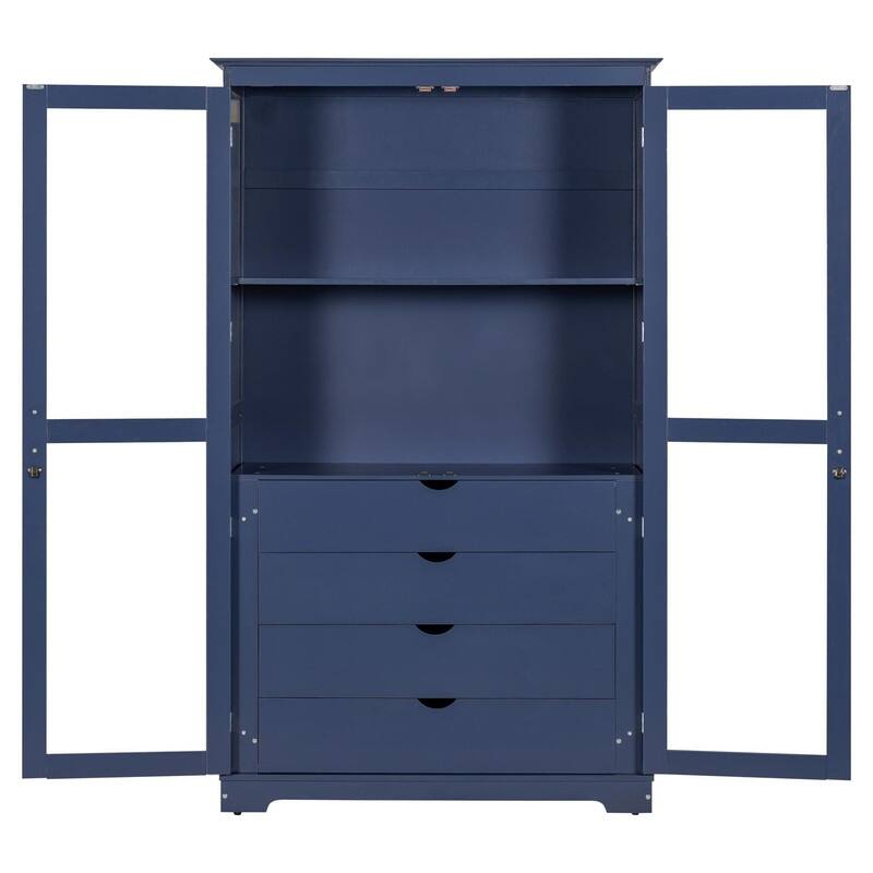 75" Tall Pine Wood Kitchen Pantry Cabinet with Glass Doors Four Drawers and Anti-Tipping Safety Features