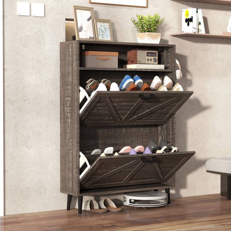 Shoe Storage Cabinet with Barn Door, Freestanding Wooden Shoe Organizer, Shoe Rack with 2 Flip Drawers & Adjustable Shelves