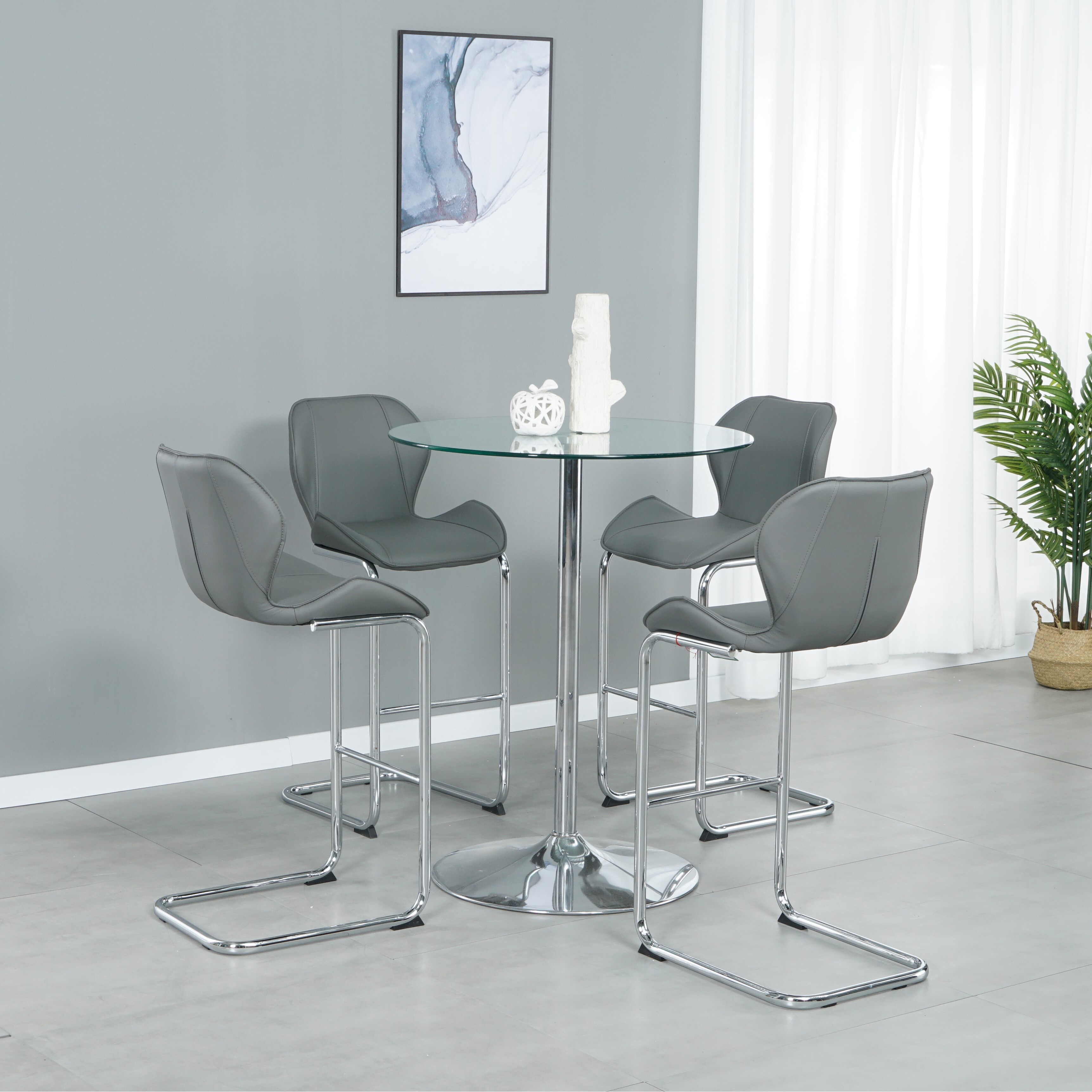 Modern Bar Chair w/ Foot Caps Chrome Frame Bar Stool Set of 4 PU