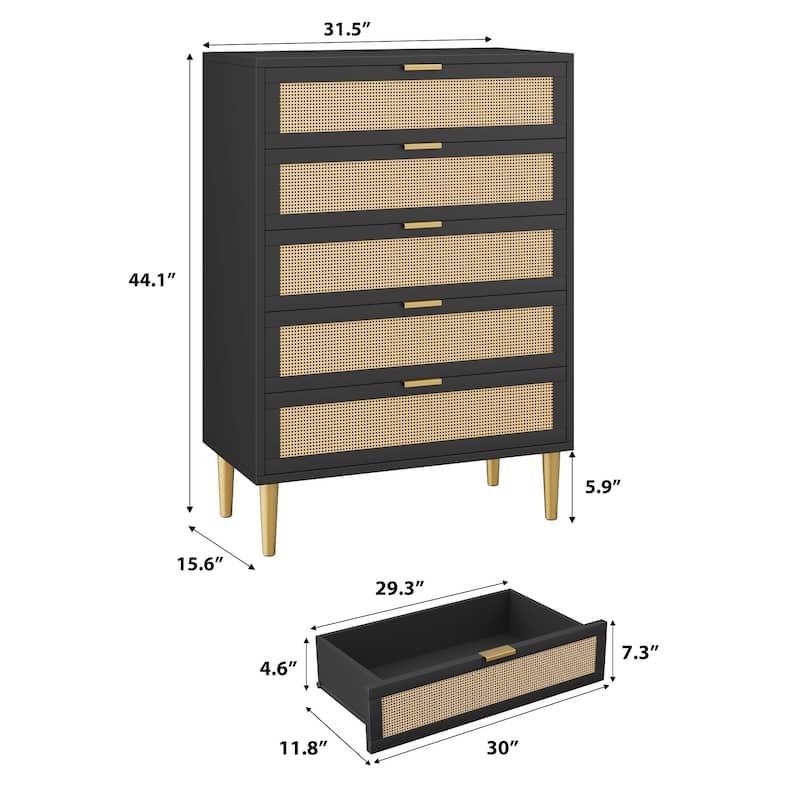 Rattan 5 Drawer Dresser, 44'' Tall Narrow Chest, Farmhouse Vertical Dresser with Metal Legs and Handles