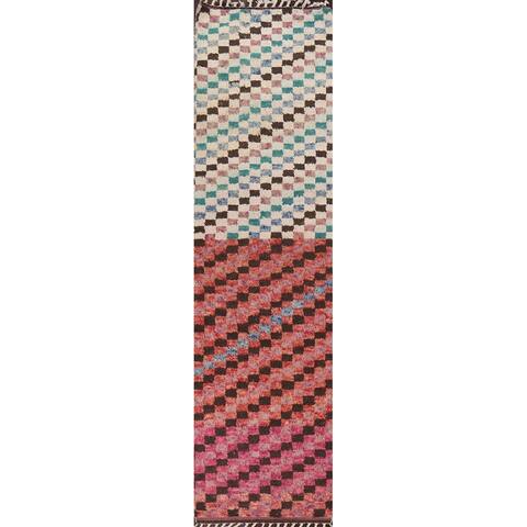 Checkered Moroccan Oriental Staircase Runner Rug Handmade Wool Carpet - 3'1" x 12'8"