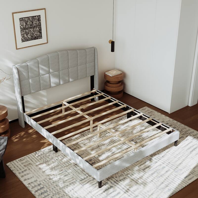 Upholstered Platform Bed Frame with Wingback Headboard and Wooden Slats