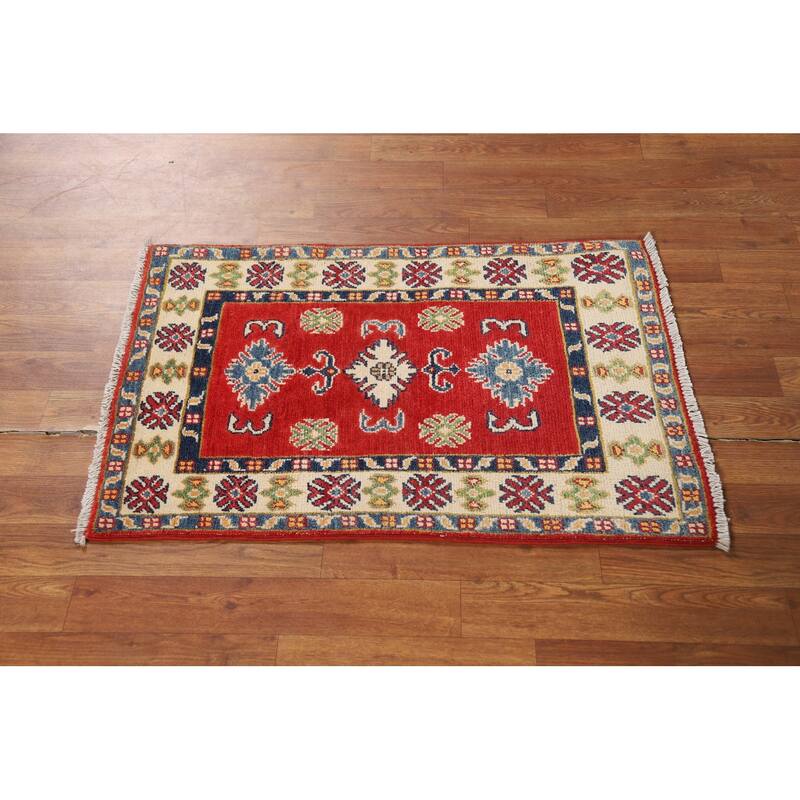 Red Geometric Kazak Foyer Rug Handmade Wool Carpet - 2'0" x 3'0"