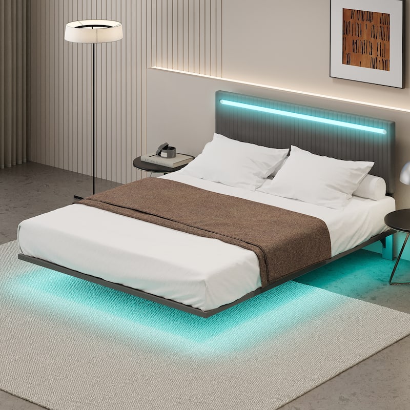 Floating Bed Upholstered Frame Velvet Fabric Platform Bed Adjustable Wingback Bed, Lights on Headboard, Sensor Lights Underbed