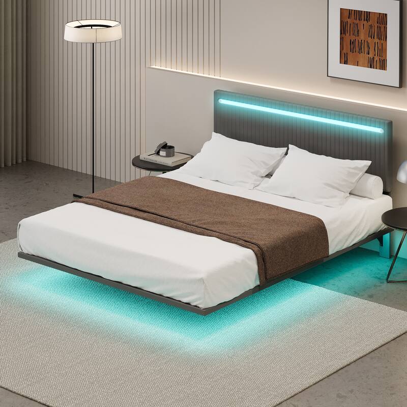 Modern Upholstered Floating Bed Frame with LED Lights, Vertical Channel Design Velvet Fabric Bed, Queen Size, Beige
