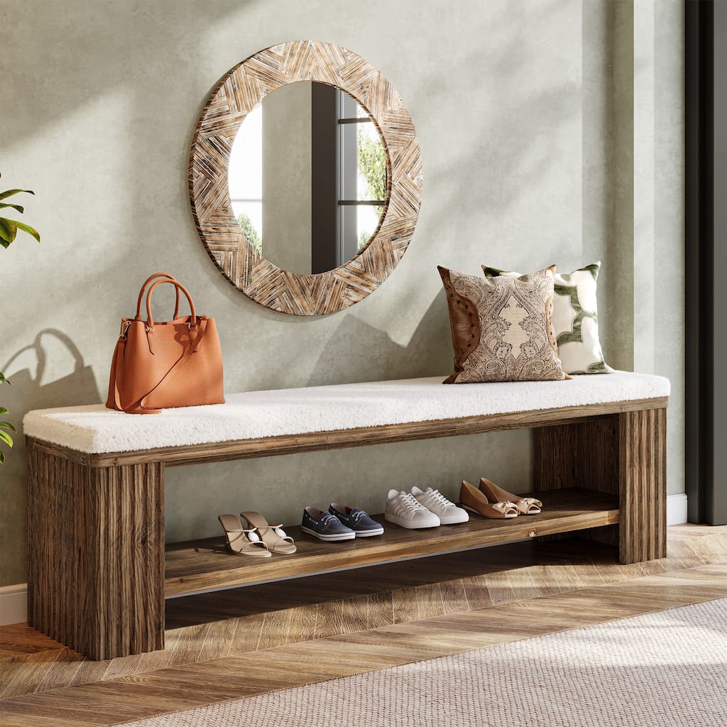Solid Wood Entryway Bench, 63" Upholstered End of Bed Bench
