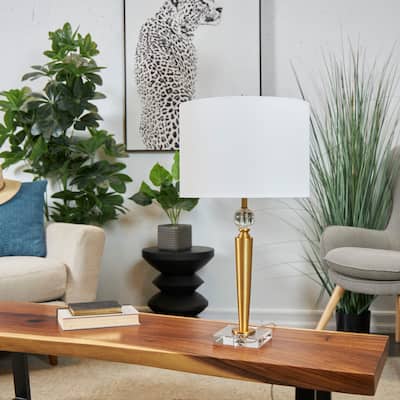 Gold Metal Inverted Cone Shaped Accent Lamp with Glass Ball Accent and Square Base