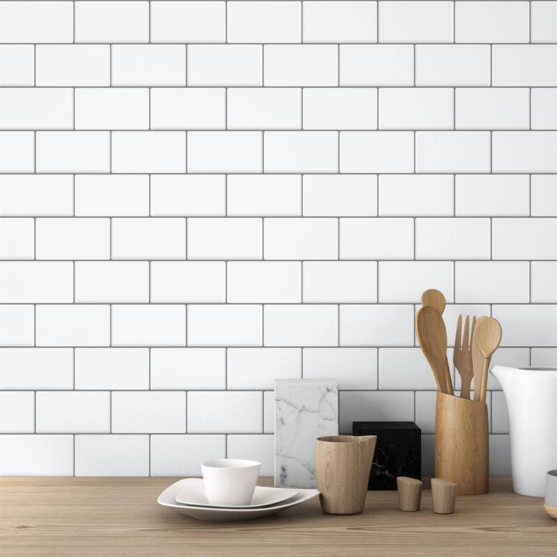 Walplus 20 pcs Pure White Grey Grout Classic Brick Glossy 3D Tile Sticker 12" x 6"