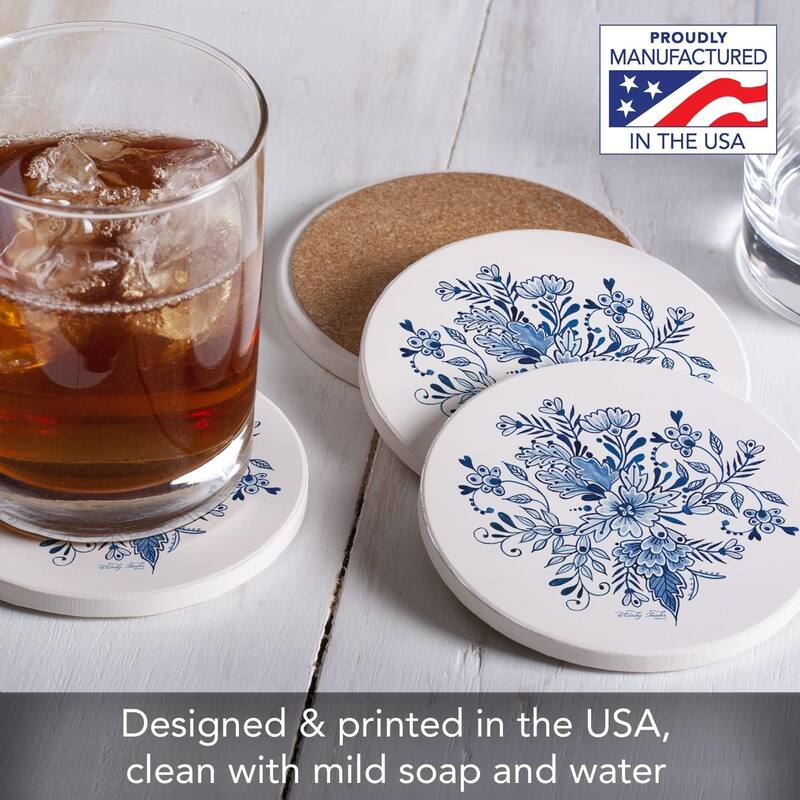 Blue & White Floral Round Absorbent Stone Coaster 4 Pack with Protective Cork Backing. Manufactured in The USA