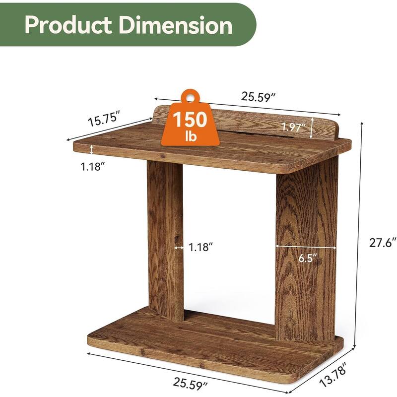 Farmhouse Solid Wood C-Shaped End Table with Book Groove & Holder for Living Room, Bedroom