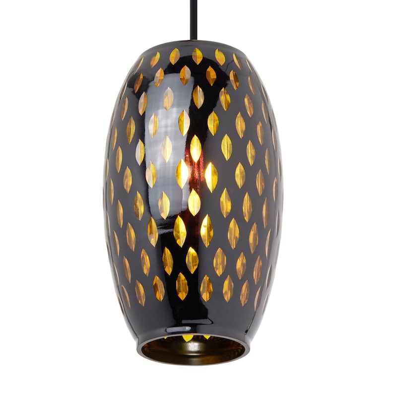 Adriana River of Goods Black Metal and Amber Glass 6-Inch Pendant Light with Adjustable Hanging Cord - 6" x 6" x 70.75"