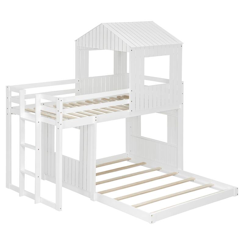 White Twin Over Full Bunk Bed with Playhouse, Ladder, and Guardrails