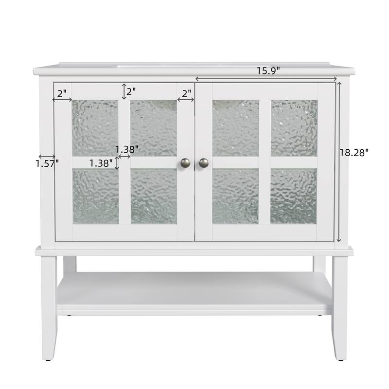 36" Bathroom Vanity with Ceramic Sink, Bathroom Vanity with Adjustable Shelf and Open Shelf, with Solid Wood Legs