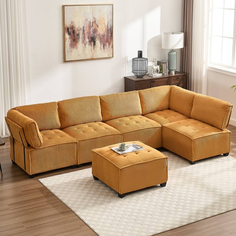 Ergonomic Lounge Modular Couch Corduroy Sectional Sofa with Deep Seat Ottoman Chaise and High-Rebound Thick Cushions