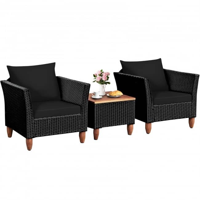 3 Pcs Outdoor Patio Rattan Furniture Set Wooden Table Top Cushioned Sofa - 29" x 27" x 28" (L x W x H)